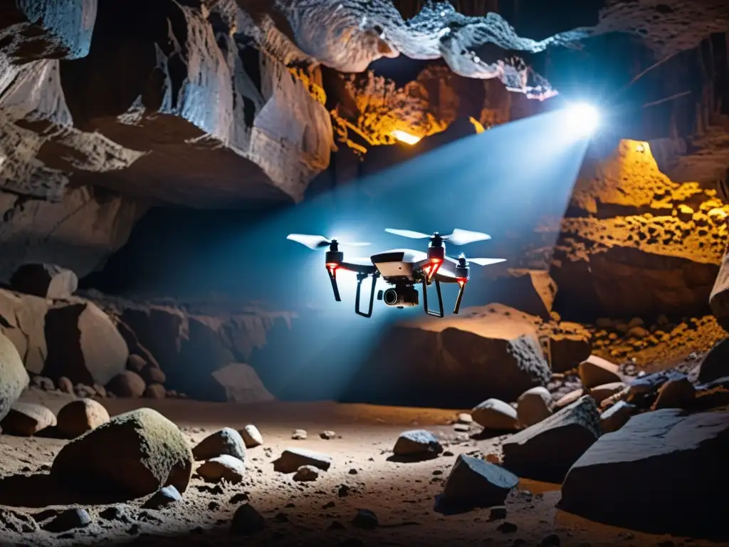 Exploración subterránea: drone con iluminación especial y sensores en caverna iluminando terreno rocoso