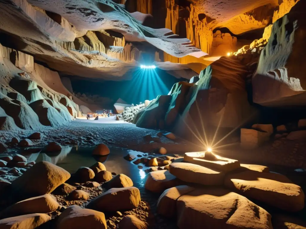 Espectacular caverna subterránea iluminada con tecnología AI, mostrando la interpretación de datos subterráneos con IA en detalle 8K