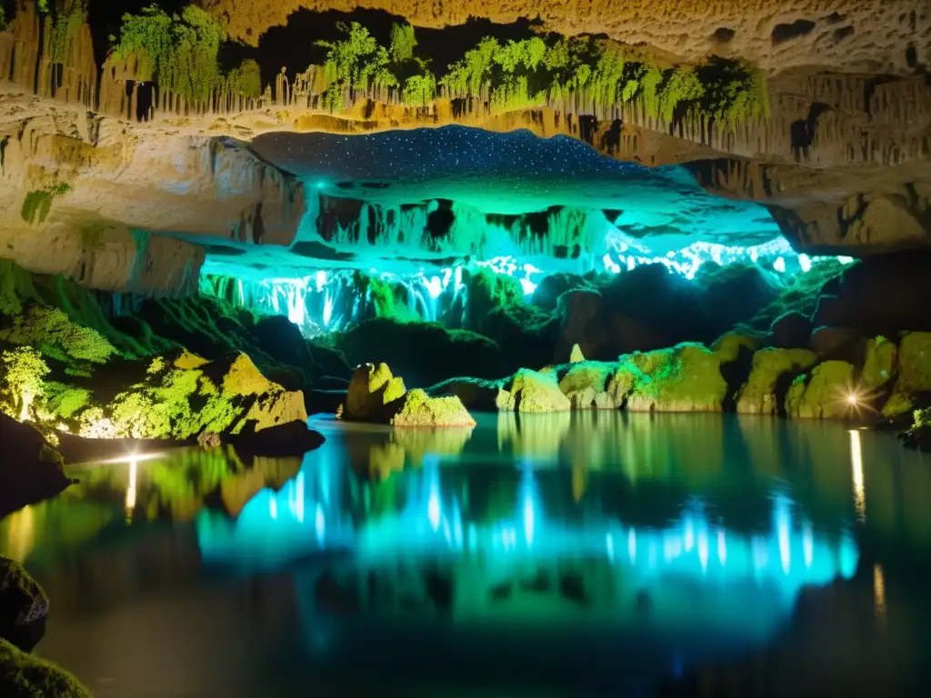 Espectacular imagen de las Cuevas Waitomo con luz de luciérnagas nocturna, creando un cielo estrellado en el techo de la cueva