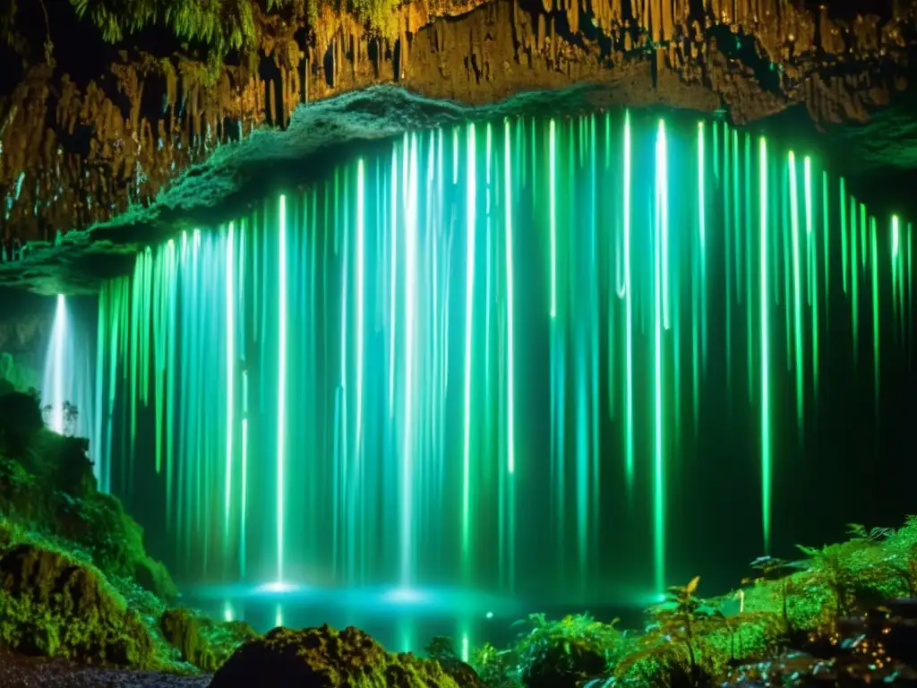 Espectacular resplandor luminiscente de las Cavernas Waitomo, iluminadas por miles de gusanos brillantes en la oscuridad subterránea