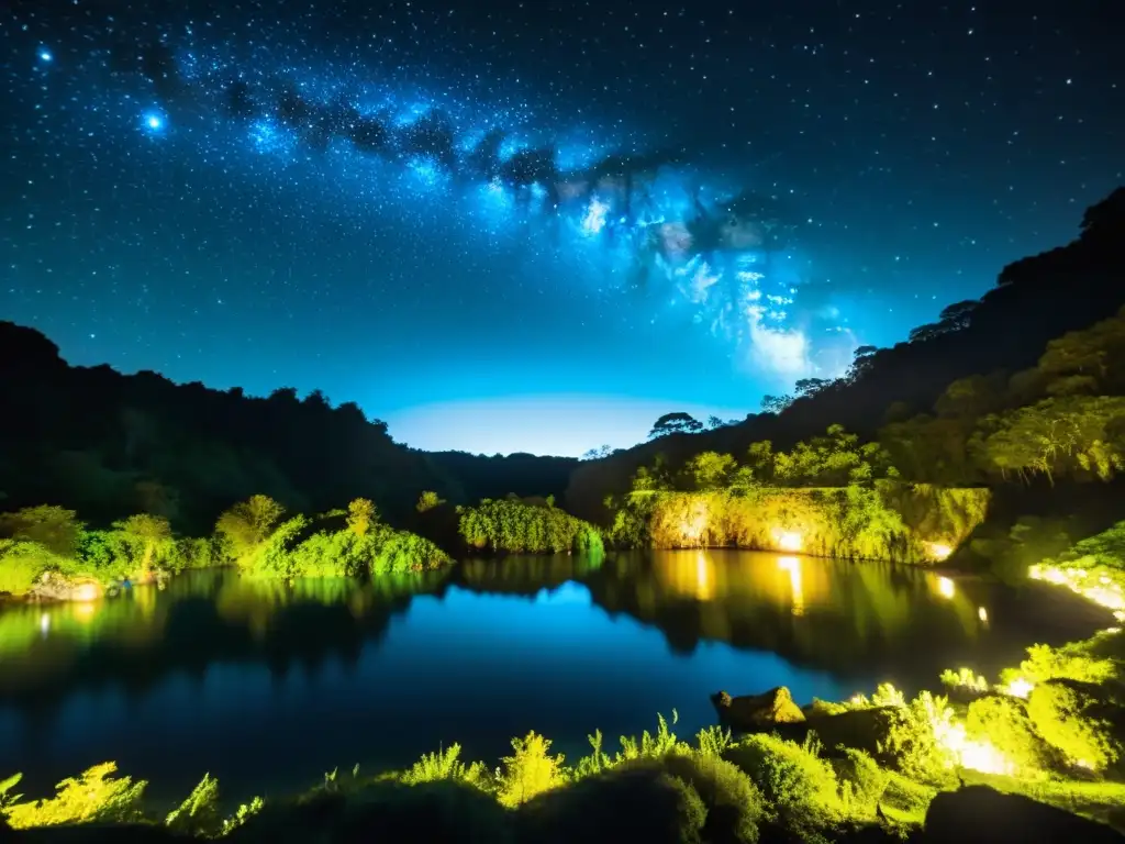 Espectacular vista nocturna de las Cuevas Waitomo con luz de luciérnagas, creando un efecto estrellado en el techo de la cueva