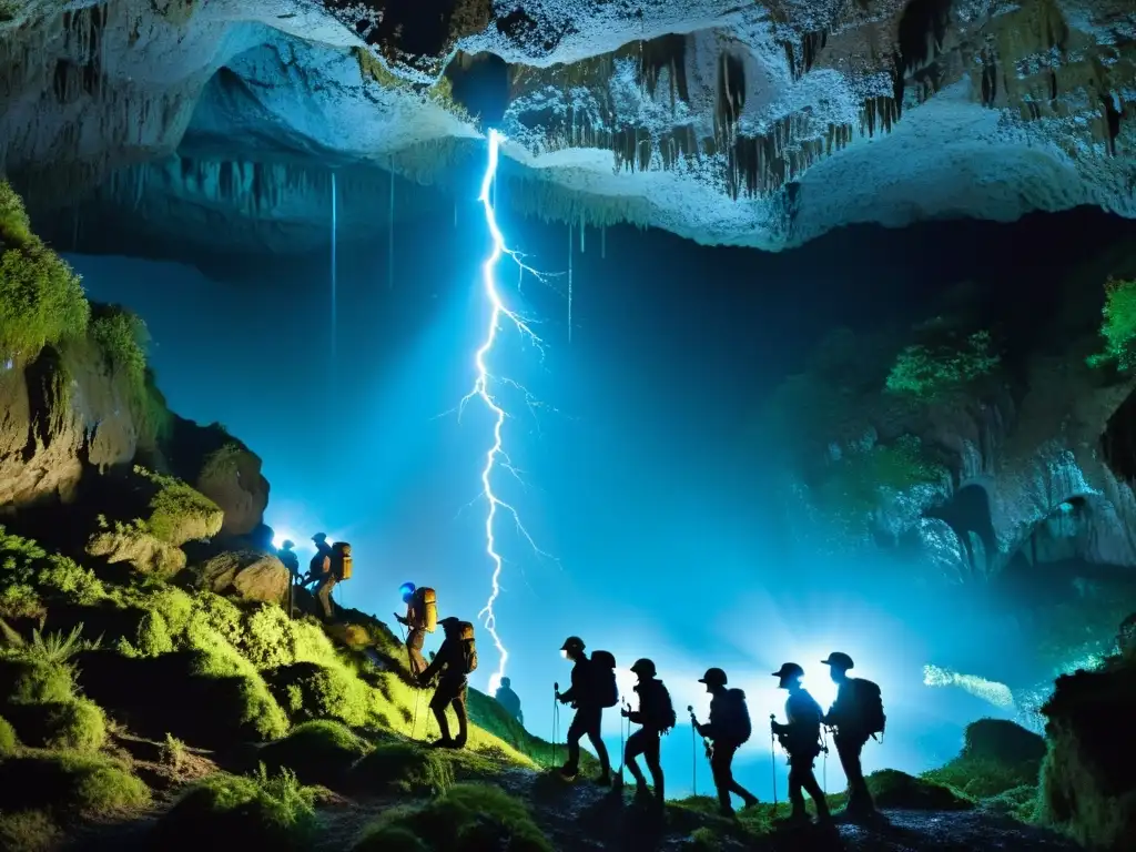 Espeleología en las cuevas de Waitomo: Exploradores con cascos y linternas en las misteriosas cuevas iluminadas por gusanos brillantes