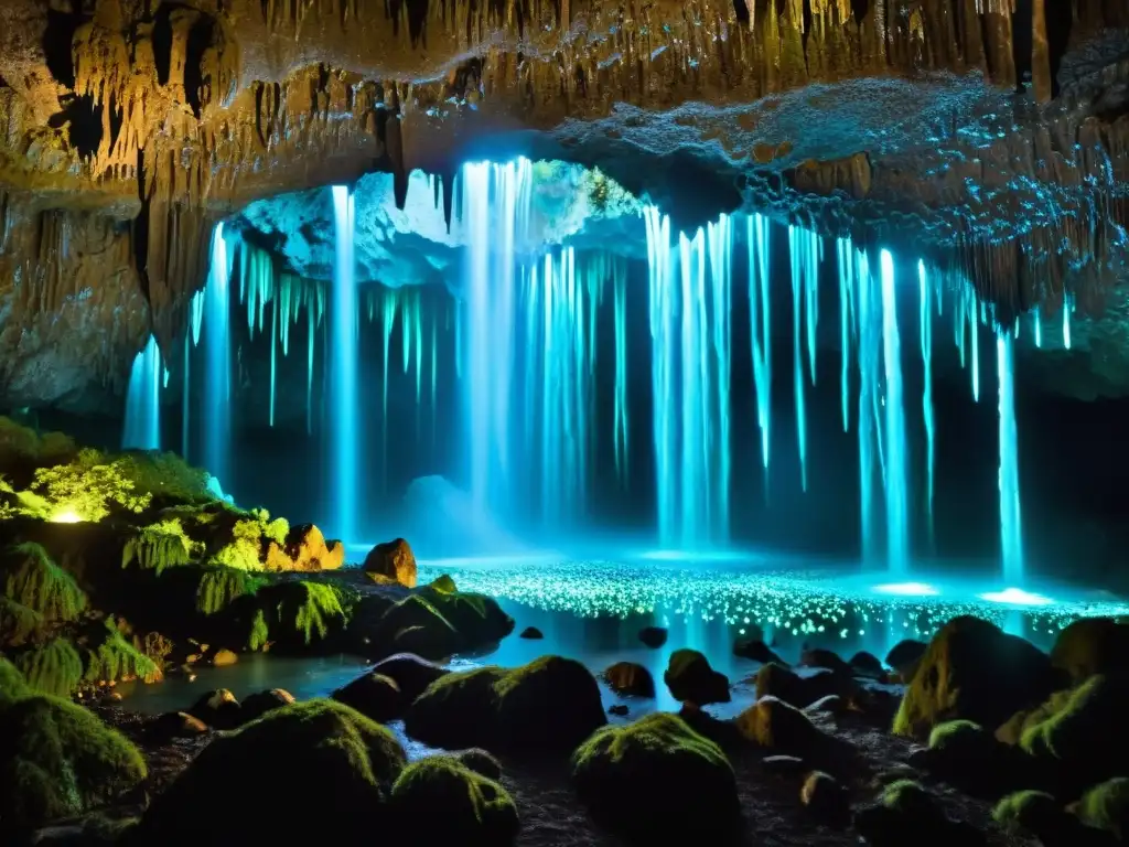 Espeleología en Cuevas de Waitomo: Maravillosas luces bioluminiscentes iluminan las cavernas, creando una atmósfera mágica y surrealista