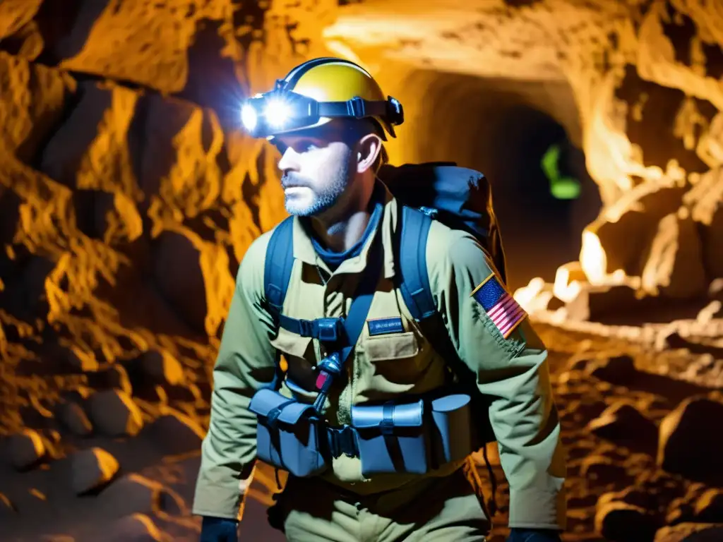 Un espeleólogo, equipado con lámpara frontal y visión nocturna, explora un túnel subterráneo