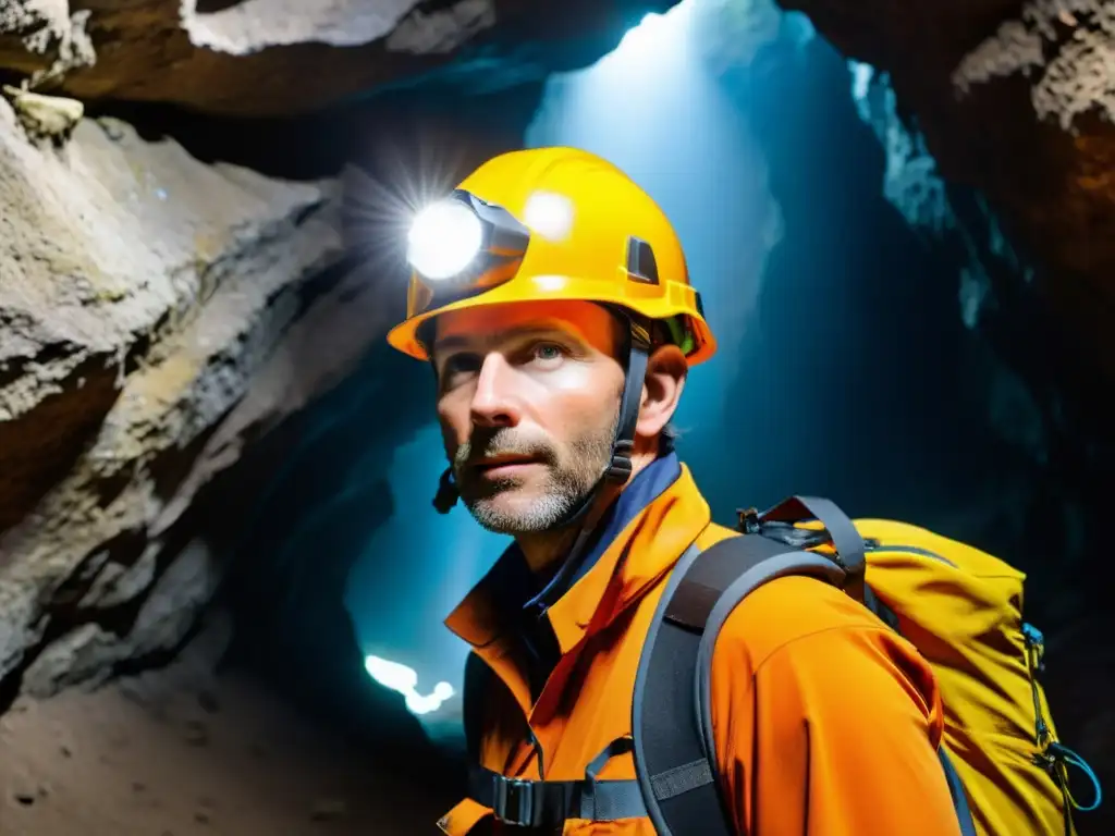 Un espeleólogo profesional con un casco de espeleología de alta calidad y potente linterna, explorando una cueva oscura y rugosa