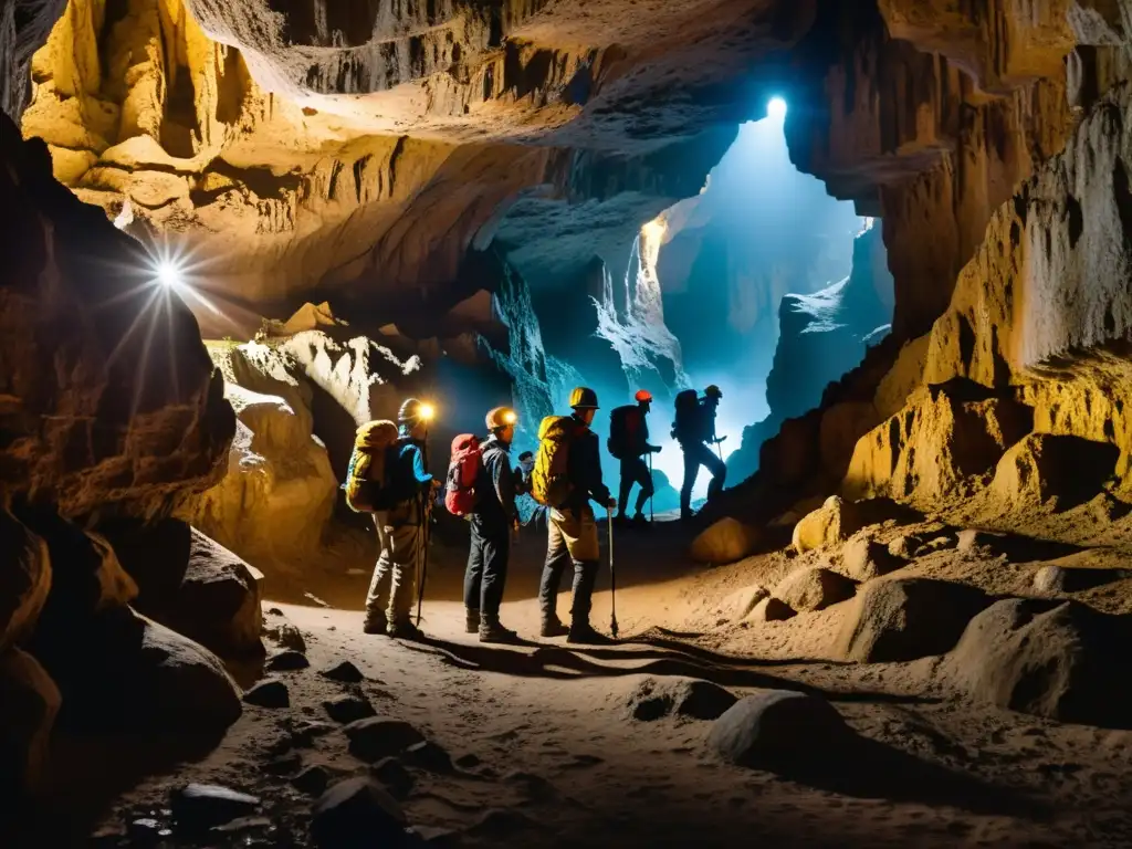 Espeleólogos explorando cueva con equipos de comunicación, luces de cabeza y mochilas, iluminando siluetas en paredes rocosas