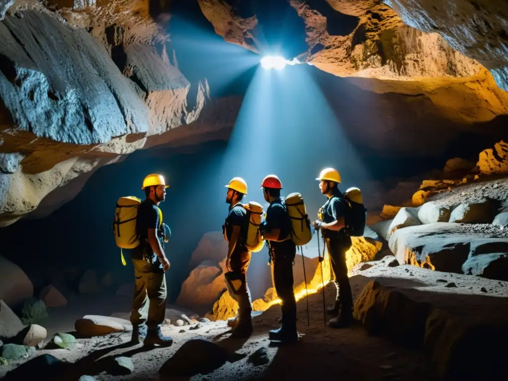 Espeleólogos explorando cuevas con equipos de comunicación para espeleólogos, iluminados por sus linternas en la oscuridad intrigante