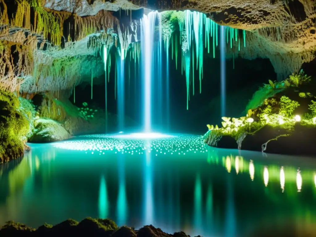 Espléndida vista de las Cuevas Waitomo, iluminadas por luz azulverde de luciérnagas nocturnas, creando una atmósfera mágica y surrealista