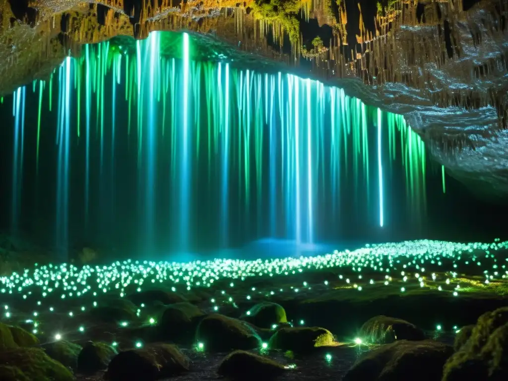 Esplendor de las Cavernas Waitomo con resplandor luminiscente de las miles de luciérnagas, creando un escenario fascinante y misterioso