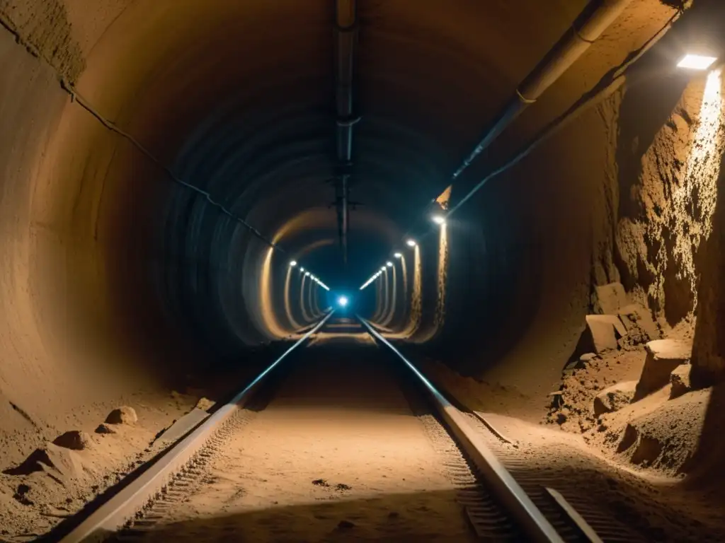 Un estrecho túnel subterráneo iluminado por una linterna, evocando intriga y peligro