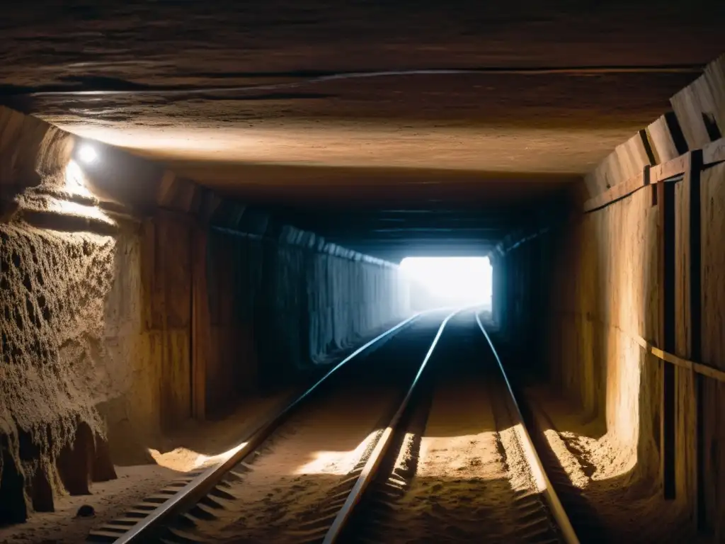 Estrecho túnel de la Guerra de Yugoslavia con luz tenue filtrándose entre la oscuridad y paredes de tierra y madera