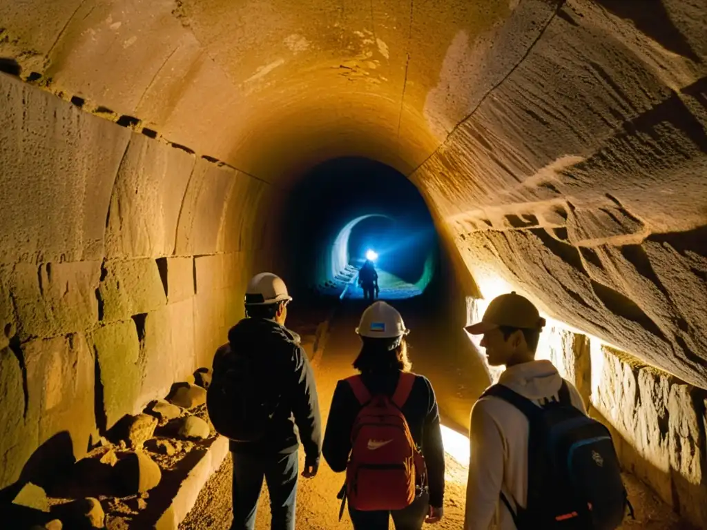 Estudiantes explorando túnel histórico con linternas de cabeza, descubriendo inscripciones antiguas