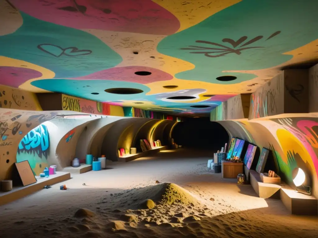 Un estudio subterráneo iluminado por luz natural donde artistas trabajan en sus obras, en las Cuevas de la creatividad artística