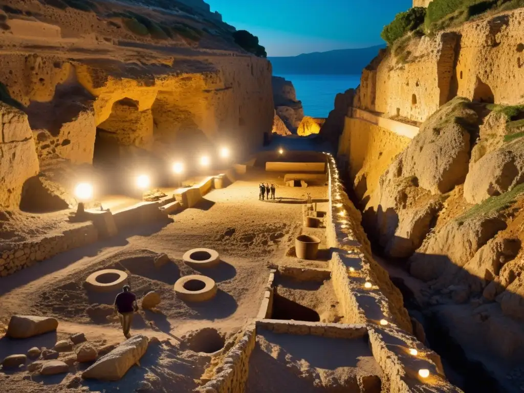 Excavación arqueológica en la costa mediterránea revela antiguas rutas subterráneas y hallazgos, iluminados por luces de excavación