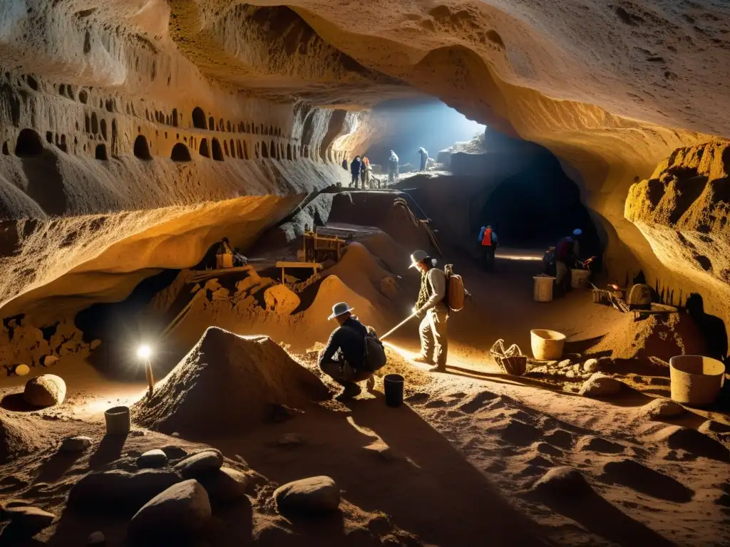 Excavación arqueológica subterránea detallada, con conservación y misterio de una civilización perdida