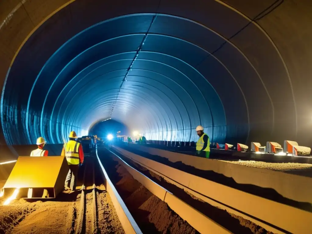 Excavación y construcción de túnel con obreros y maquinaria, destacando la complejidad de evaluación proyectos túneles inversión largo plazo