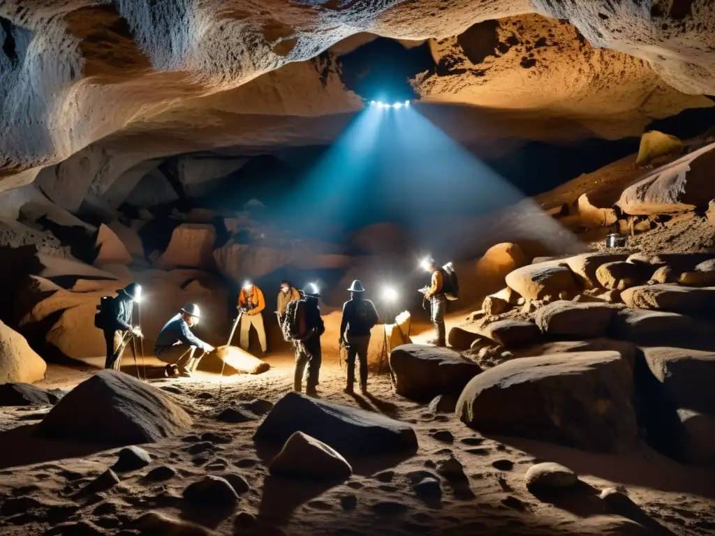 Excavación meticulosa en caverna histórica, con arqueólogos iluminando misteriosos artefactos