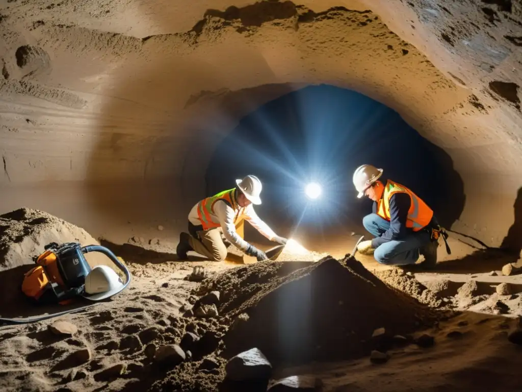 Excavación meticulosa en túnel colapsado, recuperando artefactos antiguos entre escombros y polvo