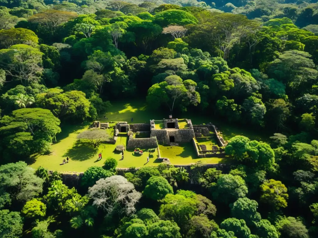 Excavación de pozos sagrados mayas en la exuberante selva de Yucatán, revelando antiguos tesoros y misteriosos símbolos bajo la luz filtrada del dosel