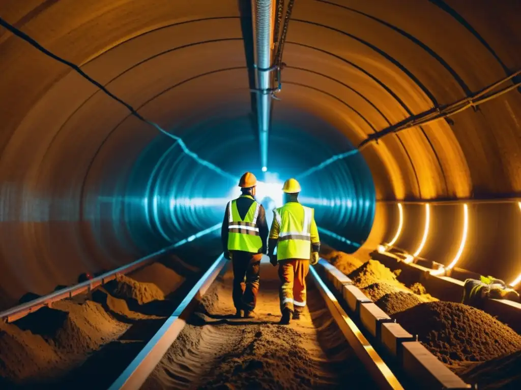 Excavación de túnel con tecnologías limpias: obreros y maquinaria de vanguardia en un espacio tenue, iluminado por potentes luces LED