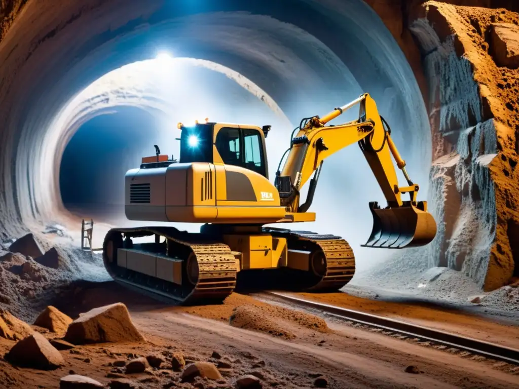 Excavadora robótica trabajando en túnel histórico, iluminación tenue y atmósfera de exploración