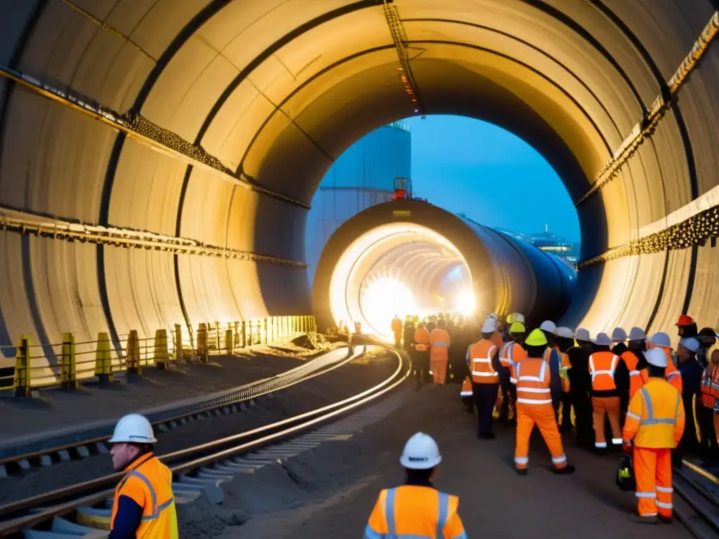 Excavadora de túneles trabajando bajo Londres en el proyecto Crossrail, con obreros y luces industriales