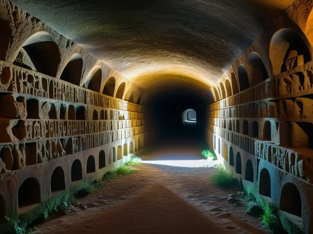 Experiencias inmersivas de realidad aumentada en las misteriosas catacumbas antiguas con intrincadas carvings y arcos iluminados por tenues luces