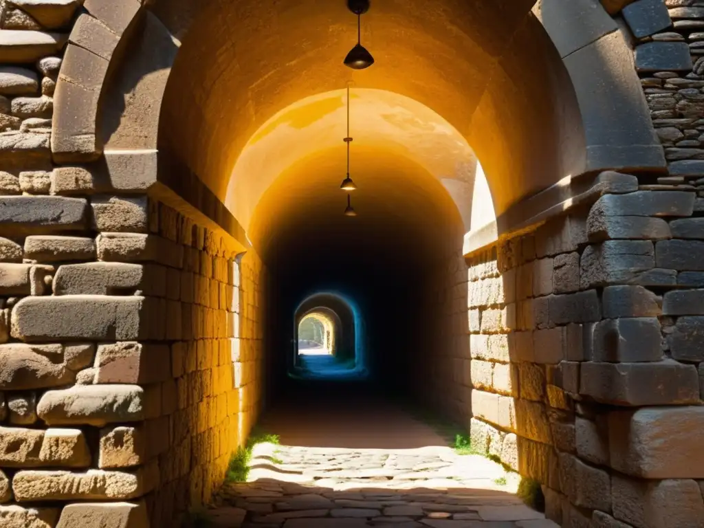 Experiencias inmersivas en túneles históricos: Antiguo túnel iluminado con siluetas de visitantes, arcos y reliquias