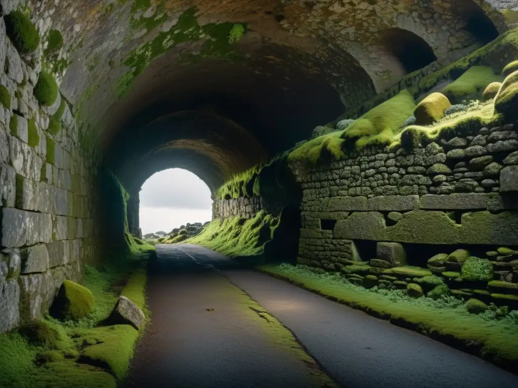 Experiencias inmersivas en túneles históricos: túnel antiguo iluminado con luz tenue, paredes de piedra cubiertas de musgo y misterio en el aire