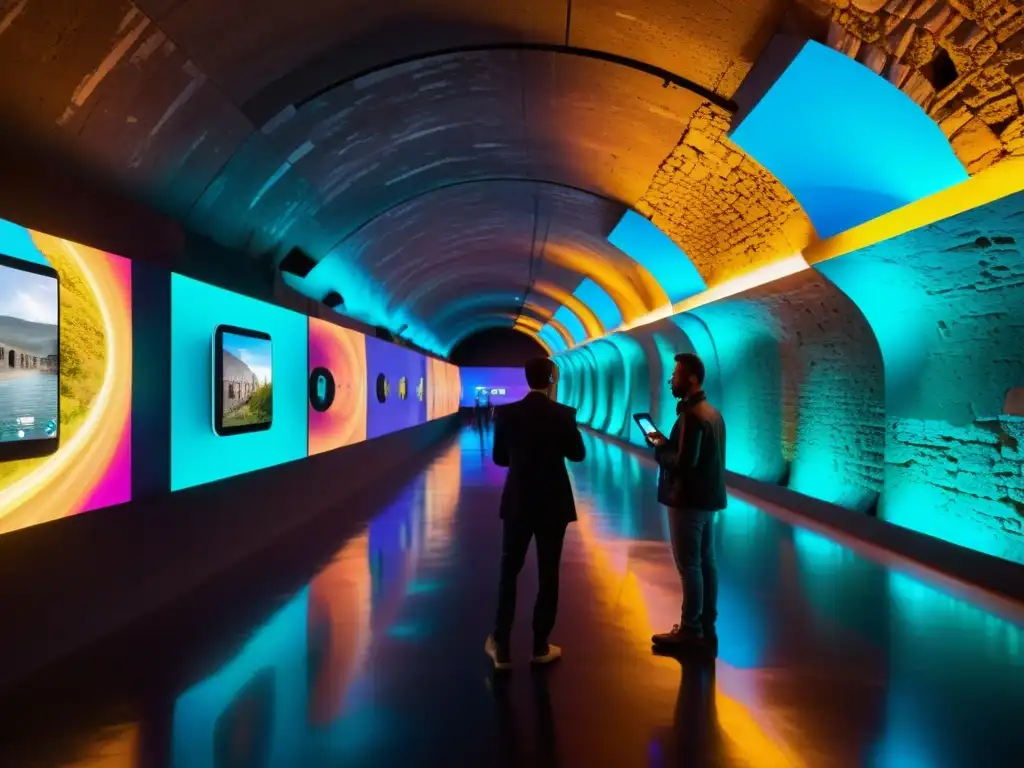 Experiencias de realidad aumentada en túneles históricos, interacción con displays de AR en un túnel histórico iluminado por proyecciones digitales coloridas