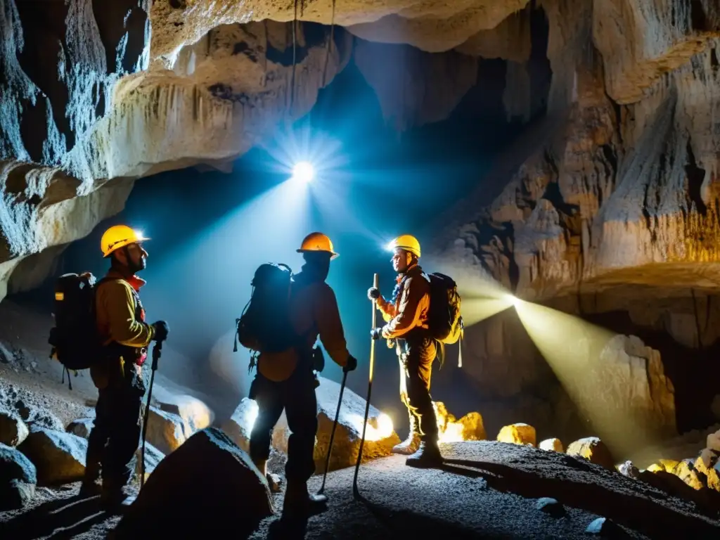 Experimentados espeleólogos explorando una cueva con cascadas de estalactitas y estalagmitas, resaltando la importancia de los cascos de espeleología de alta calidad