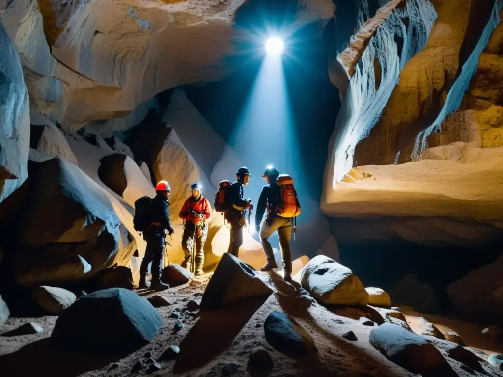 Experimentados fotógrafos de cuevas, equipados con cámaras de alto rendimiento para espeleología, exploran con cuidado una oscura y estrecha caverna, capturando la belleza subterránea en un juego dramático de luces y sombras