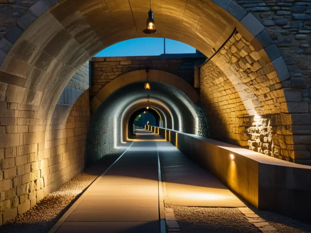 Un experto instala una pasarela moderna en un túnel histórico, iluminado por linternas vintage