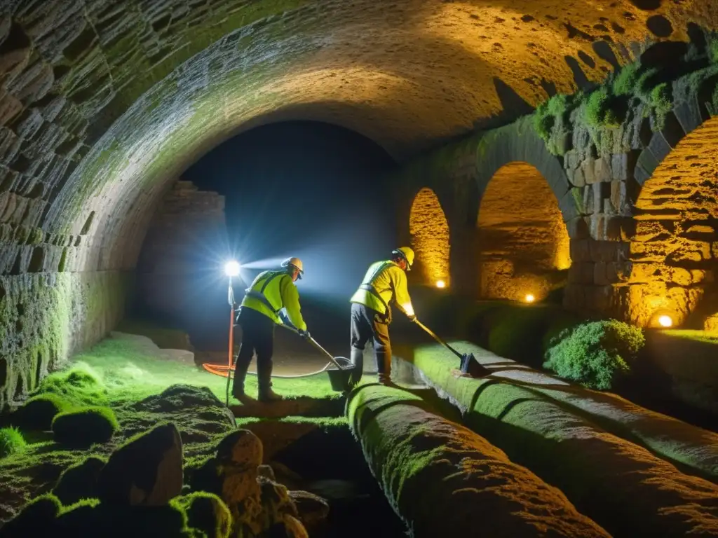 Expertos en restauración de canales subterráneos históricos trabajan meticulosamente en un antiguo acueducto, iluminados por cálidas luces de trabajo, rodeados de piedras cubiertas de musgo