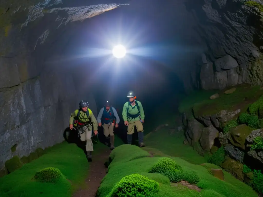 Expertos en exploración de túneles históricos se preparan con linternas y equipo de escalada en la entrada de un túnel subterráneo