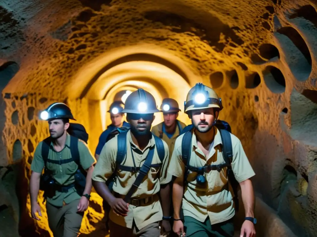 Exploración expertos catacumbas París: Intrépidos exploradores recorren las oscuras y estrechas catacumbas, iluminando antiguos huesos