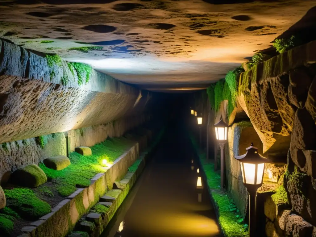 Exploración expertos catacumbas París: túnel subterráneo iluminado por linternas, revelando antiguas paredes de piedra cubiertas en musgo y grabados