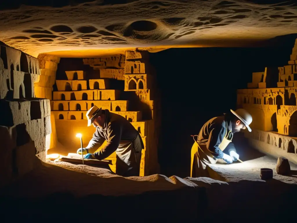 Expertos en restauración de catacumbas y criptas trabajando meticulosamente en la delicada arquitectura antigua dentro de una cripta subterránea