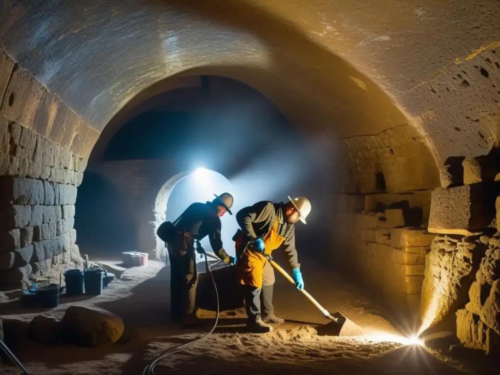 Expertos en restauración de espacios subterráneos históricos trabajando meticulosamente en antiguos muros y arcos de piedra, iluminados por suave luz