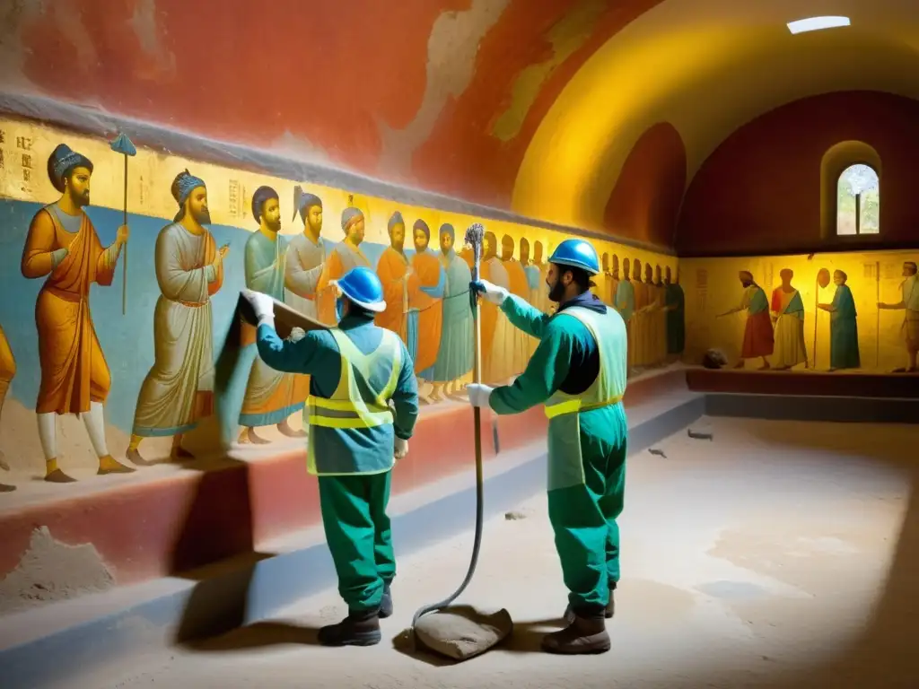 Expertos en restauración de espacios subterráneos históricos limpian delicadamente frescos centenarios, revelando su belleza y detalle