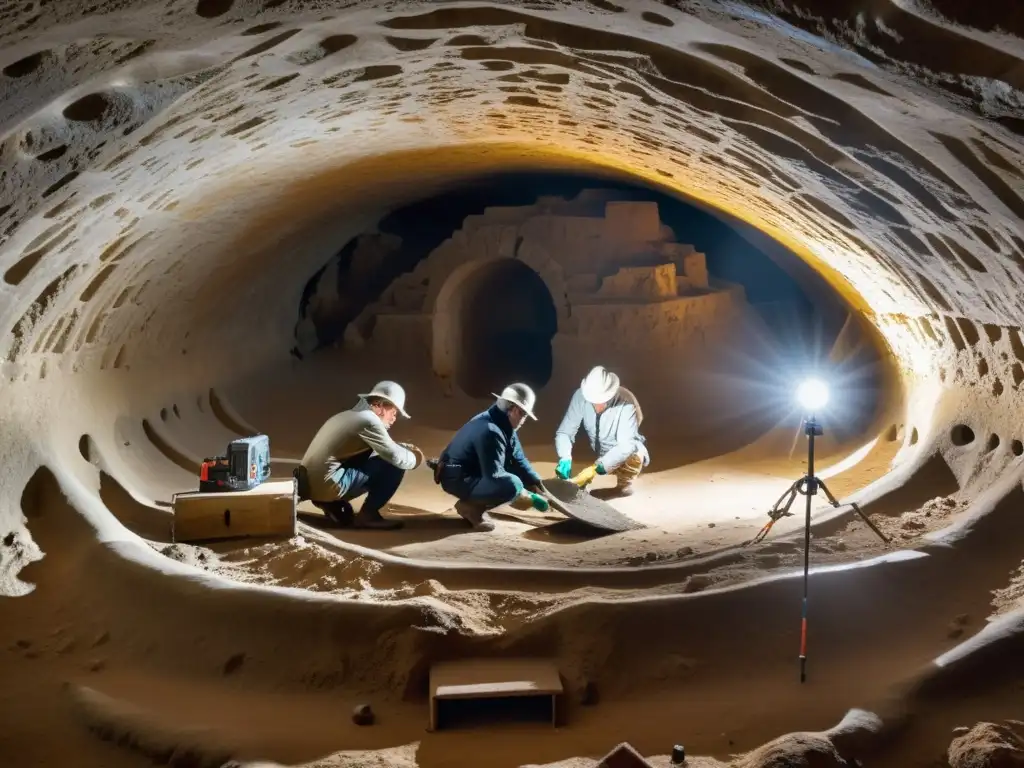 Expertos en restauración de espacios subterráneos históricos trabajan meticulosamente en una cámara antigua, preservando su integridad histórica con herramientas especializadas y técnicas precisas