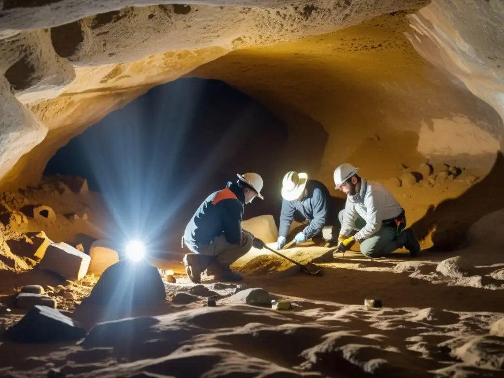 Expertos en conservación restauran sitios históricos subterráneos con delicadeza, iluminados por cálida luz