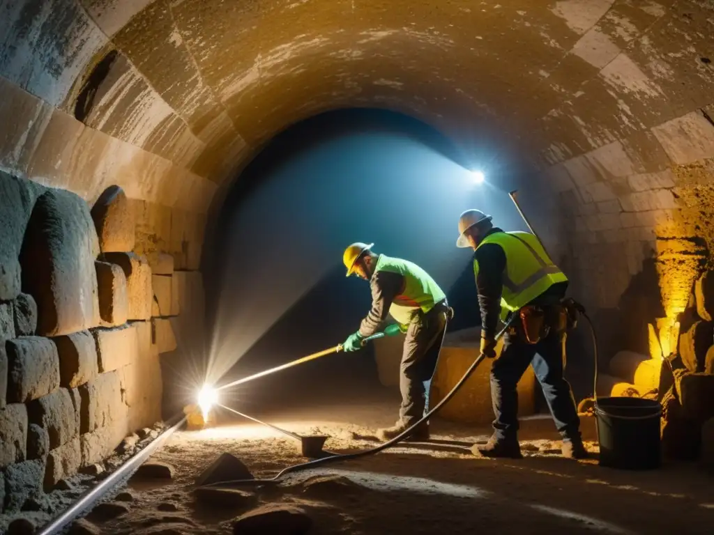 Expertos en técnicas de restauración túneles subterráneos preservan con dedicación los antiguos muros de piedra en un túnel subterráneo, iluminados por cálidas luces de trabajo