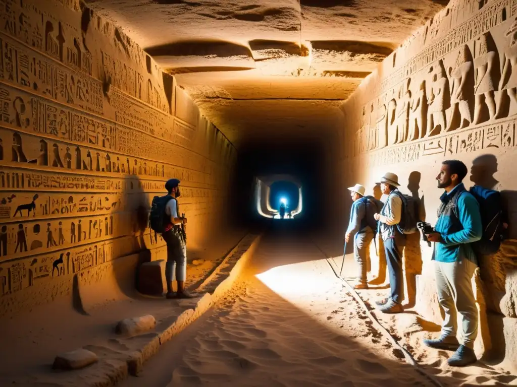 Exploración en las antiguas cámaras subterráneas de Egipto, con exploradores en túnel iluminado por lámparas