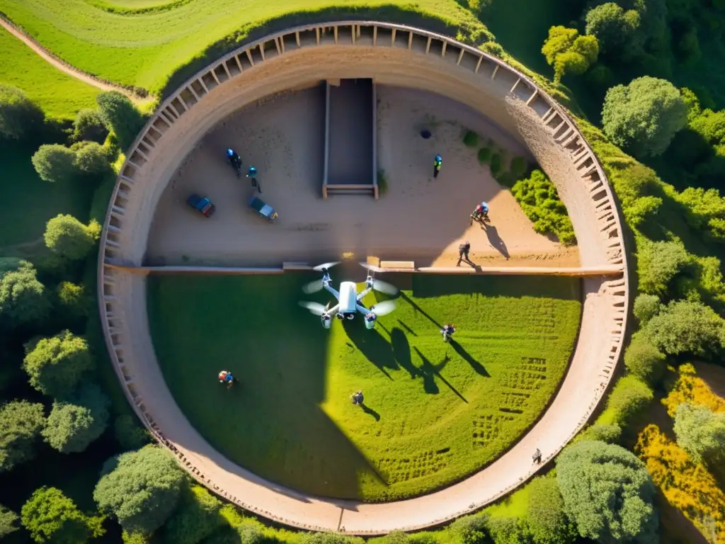 Exploración de antiguos túneles con drones al amanecer, arqueólogos documentando descubrimientos con emoción y concentración