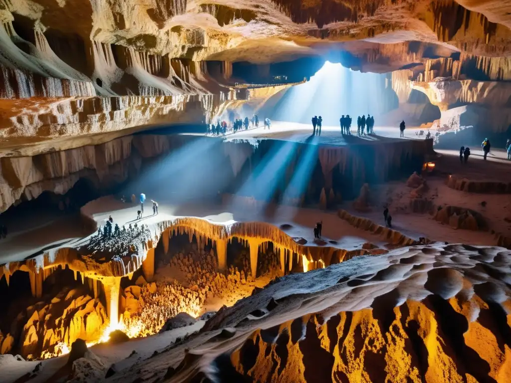 Exploración asombrosa de una caverna subterránea iluminada, con formaciones rocosas impresionantes