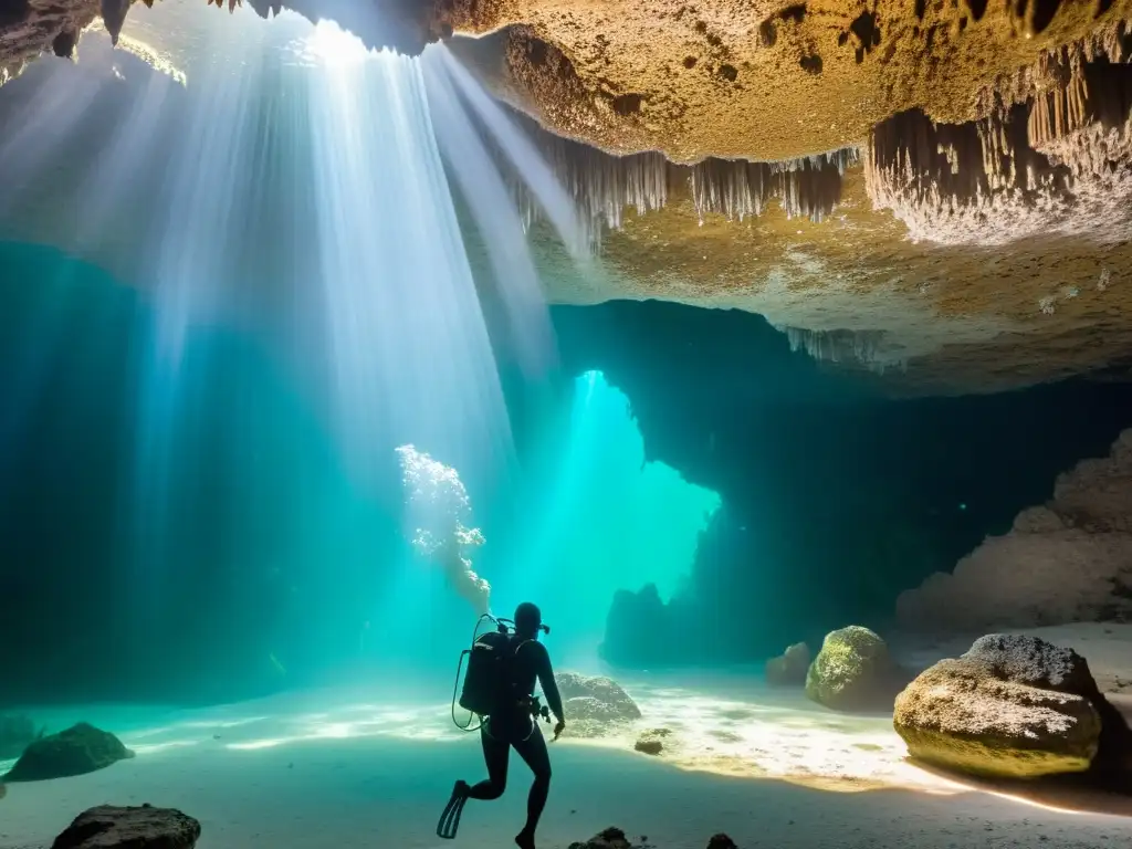 Exploración de buceo en cenotes Riviera Maya: un mundo subacuático surrealista con formaciones rocosas y luz filtrada