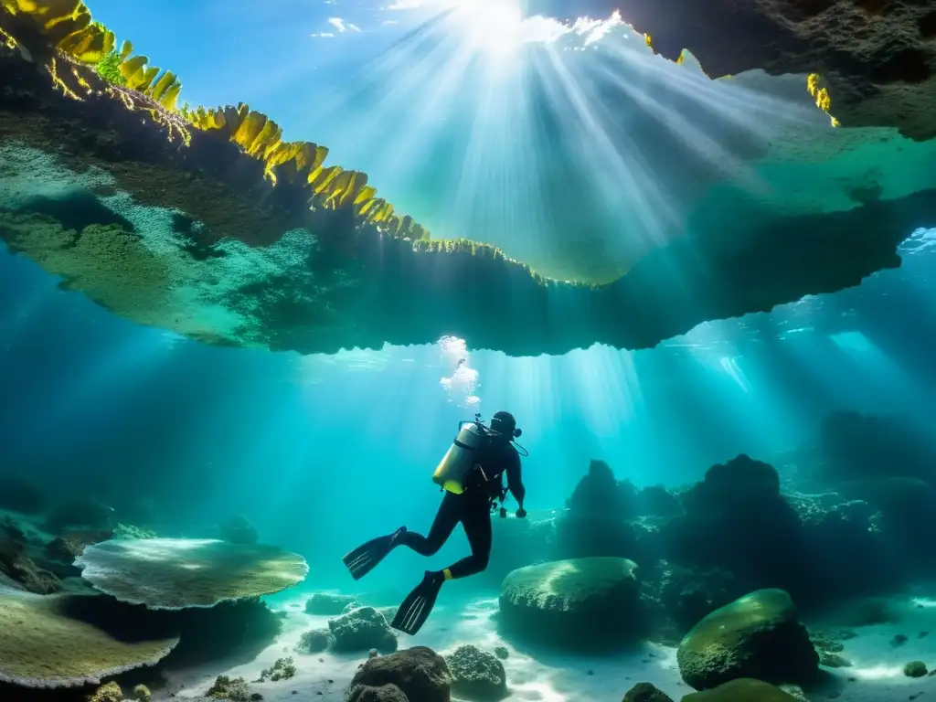 Exploración de buceo en cenotes Riviera Maya: un buceador explora cuevas submarinas, con filtración de luz y formaciones rocosas