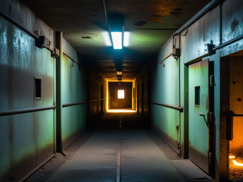 Exploración de los Bunkers de Tito: Pasillo subterráneo con puertas oxidadas y luces parpadeantes, evocando misterio y desolación