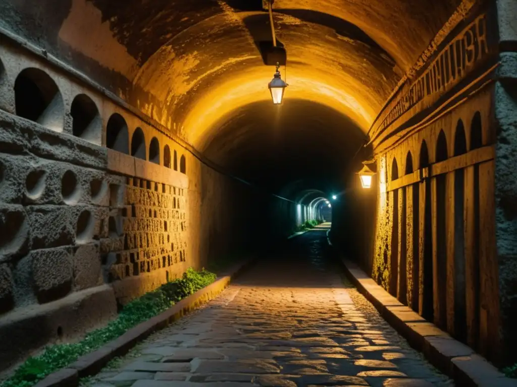 Exploración en las catacumbas de Nápoles: túnel subterráneo iluminado por antiguas linternas, revelando inscripciones en las paredes de piedra